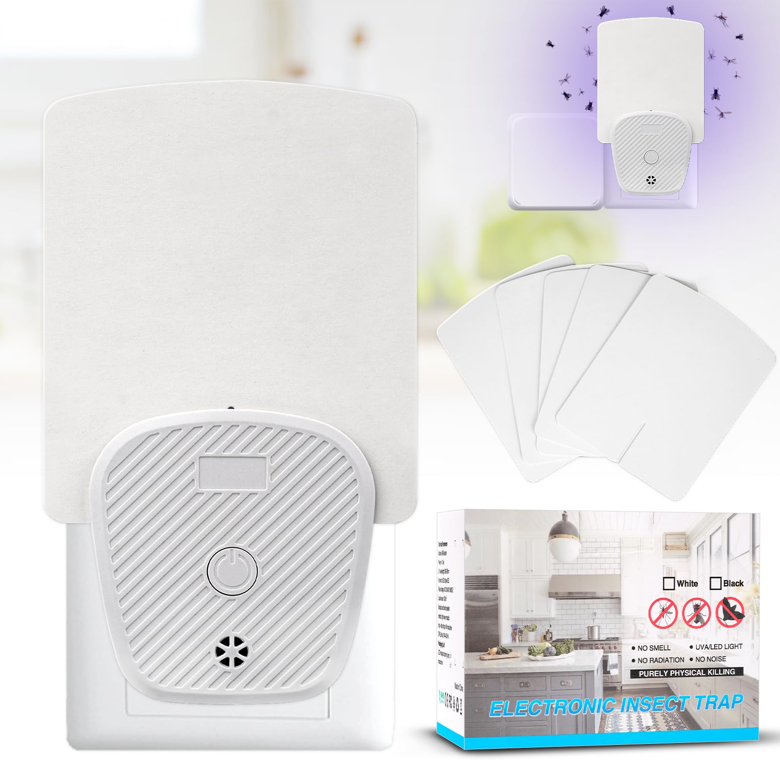 Flying Insect Trap, Fruit Fly Trap, Fly Catcher with 5pcs Sticky Board, Plug-in Non-Toxic UV Attract Flying Insect Killer Safe Bug Catcher Flying Gnat Trap for Indoor/Home Use