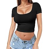 Short Sleeve Square Neck Crop Top for Women Soft Workout Shirt Going Out Tops Sexy Slim Fitted Casual Base Layer Lightweight