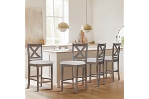 COLAMY Upholstered Counter Height Bar Stools Set of 4, Modern Kitchen Island Barstools Chairs with Cross Back and Wood Legs for Dining Room Bar, Light Brown Wash