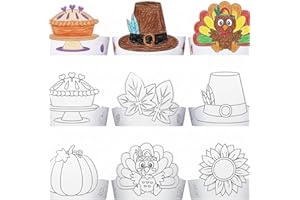 Sumind 24 Pieces Color Your Own Thanksgiving Crowns Craft for Kids Turkey Pilgrim Maple Leaf Sunflower Paper Hat for Sunday School Thanksgiving Activity (Classic)