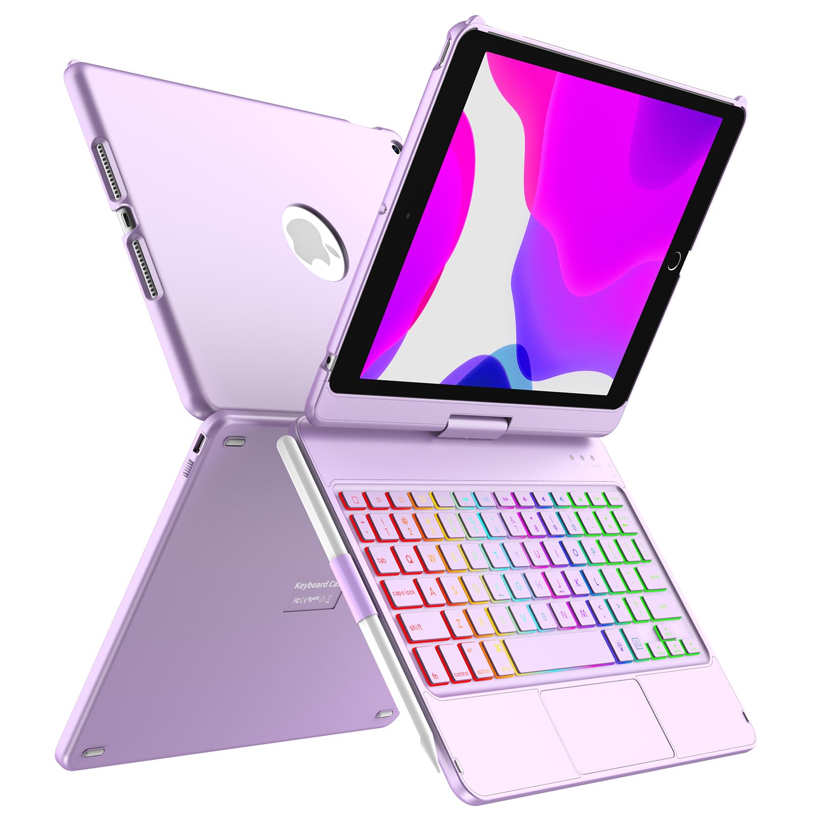 aMZCaSE for iPad Keyboard Case 10.2-360° Flip Hard-Shell Slim Cover with Wireless Bluetooth Keyboard, 7 Backlight, Auto Sleep/Wake for iPad 9/8/7th Gen (Purple)
