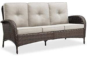 Belord Outdoor Patio Furniture - Wicker Sofa with Removable Cushion, 3 Seater Rattan Couch with Deep Seat, High Backrest, All-Weather for Balcony, Deck, Backyard, Brown/Beige