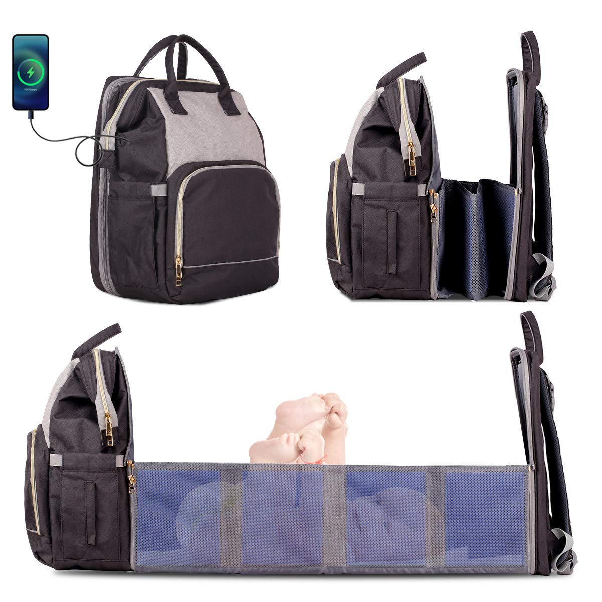 Amazon Com 4 In 1 Diaper Bag Backpack Foldable Baby Bed Waterproof Mommy Bag Large Capacity Baby Changing Bag Portable Bassinet Multi Functional Baby Travel Bag Portable Crib For Baby Black Gray Baby