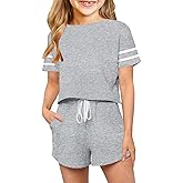Haloumoning Girls Summer Crop Tops and Shorts Set Cute Color Block Two Piece Outfits Casual Sweat Tracksuit with Side Pockets