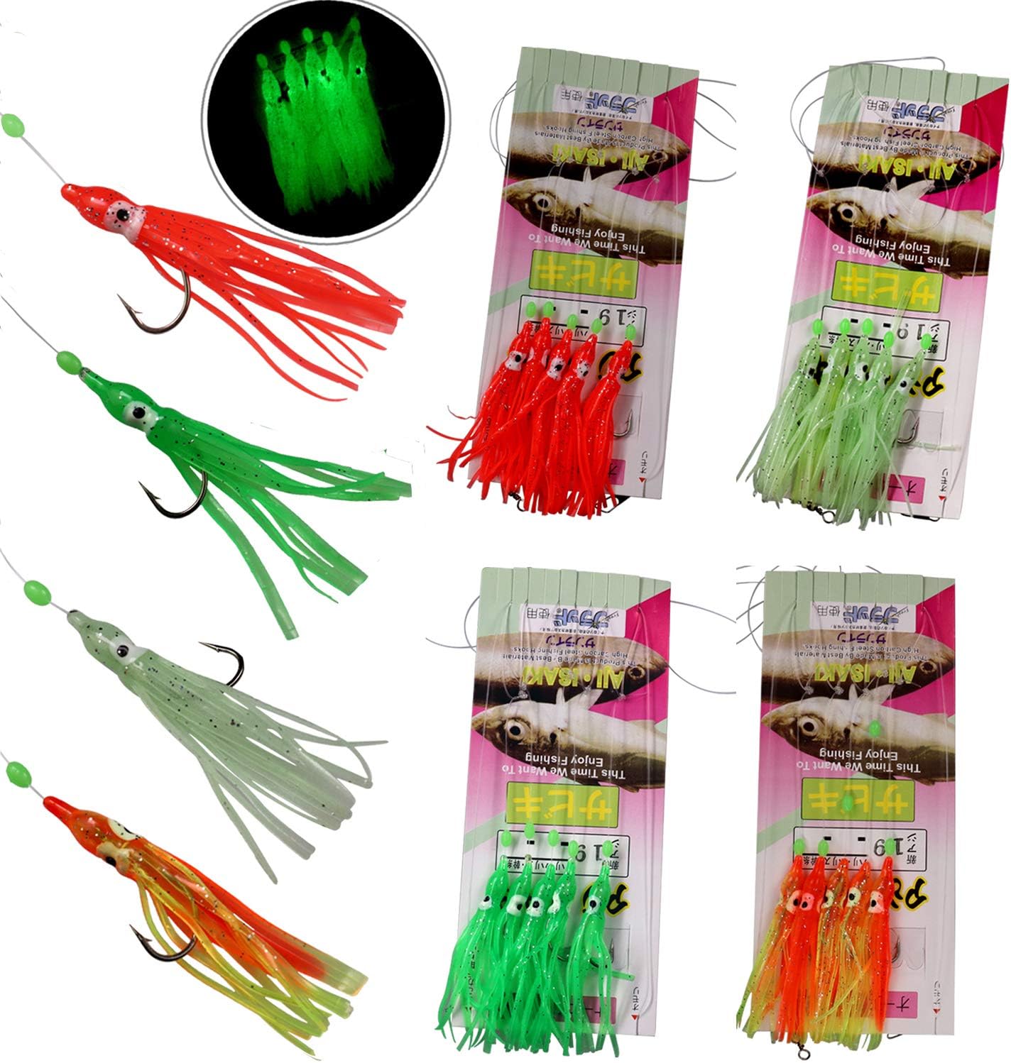 THKFISH Soft Fishing Lures, 12Packs #19-#20 Octopus Squid Sabiki Rigs Kit Freshwater Saltwater Fishing Lures with Hooks Swivels Snap Sabiki Rigs, for White Bass, Black Bass,Crappie