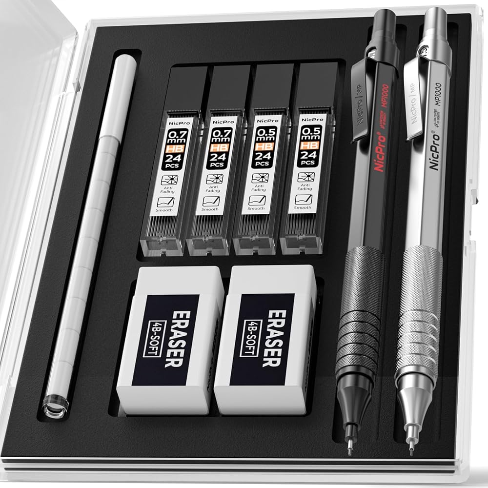 Nicpro 2 Pcs Mechanical Pencils 0.5mm 0.7mm with Case MP1000 Set