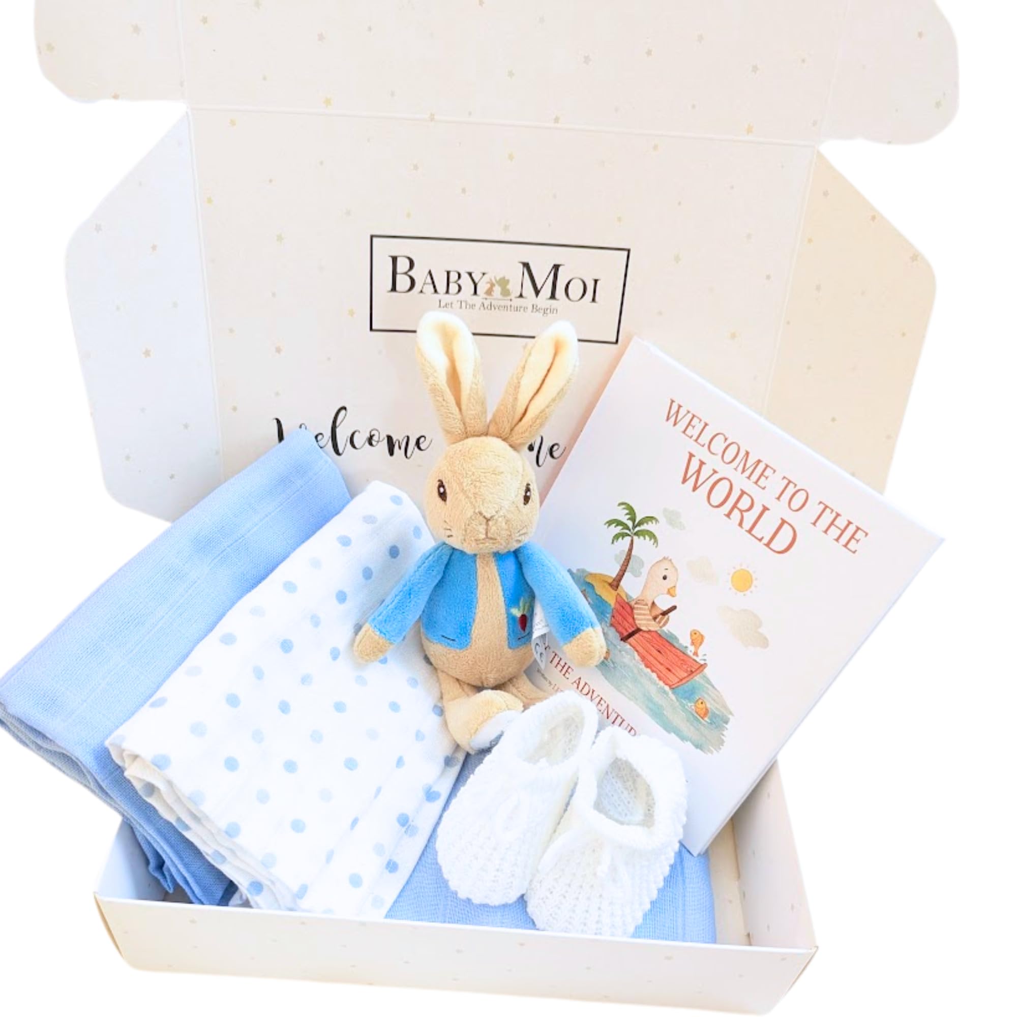Baby Moi BMg52sb New Baby Boy Gift Box 5 Piece Newborn Gift Peter Rabbit Set Baby Booties, Toy, 2 Muslins Baby Book Baby Shower Present Mum to Be Gift (Boy)