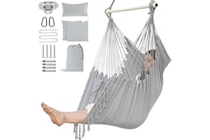 PNAEUT Hanging Hammock Chair with Tassel, Bedroom Swing Chair, Max 500 Lbs, Indoor Outdoor, 2 Cushions Included, Large Fabric Size with Pocket, Steel Spreader Bar, Hardware Kits and Bag (Light Grey)