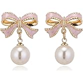 Topty Bow Earrings for Women Hypoallergenic 14K Gold Stud Earring Dainty Minimalist Simple Gold Pearl Drop Earrings Jewelry Gift for Her Womens