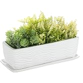 MyGift 12.5-Inch Ceramic Planter, White Rectangular Succulent Plant Pot | Modern Textured Wave Design, Removable Drip Tray Saucer For Flowers, Herbs, Cactus, Houseplants, Windowsill, Indoor Planter