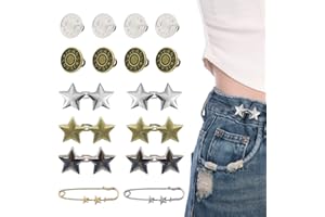 ROPAKED 16 Sets Buttons Pins for Loose Jeans Pant Waist Tightener No Sew Jeans Button Replacement, Reusable Waist Cincher Clip Adjustable Pants Button Tightener Metal Star Brooch for Clothing
