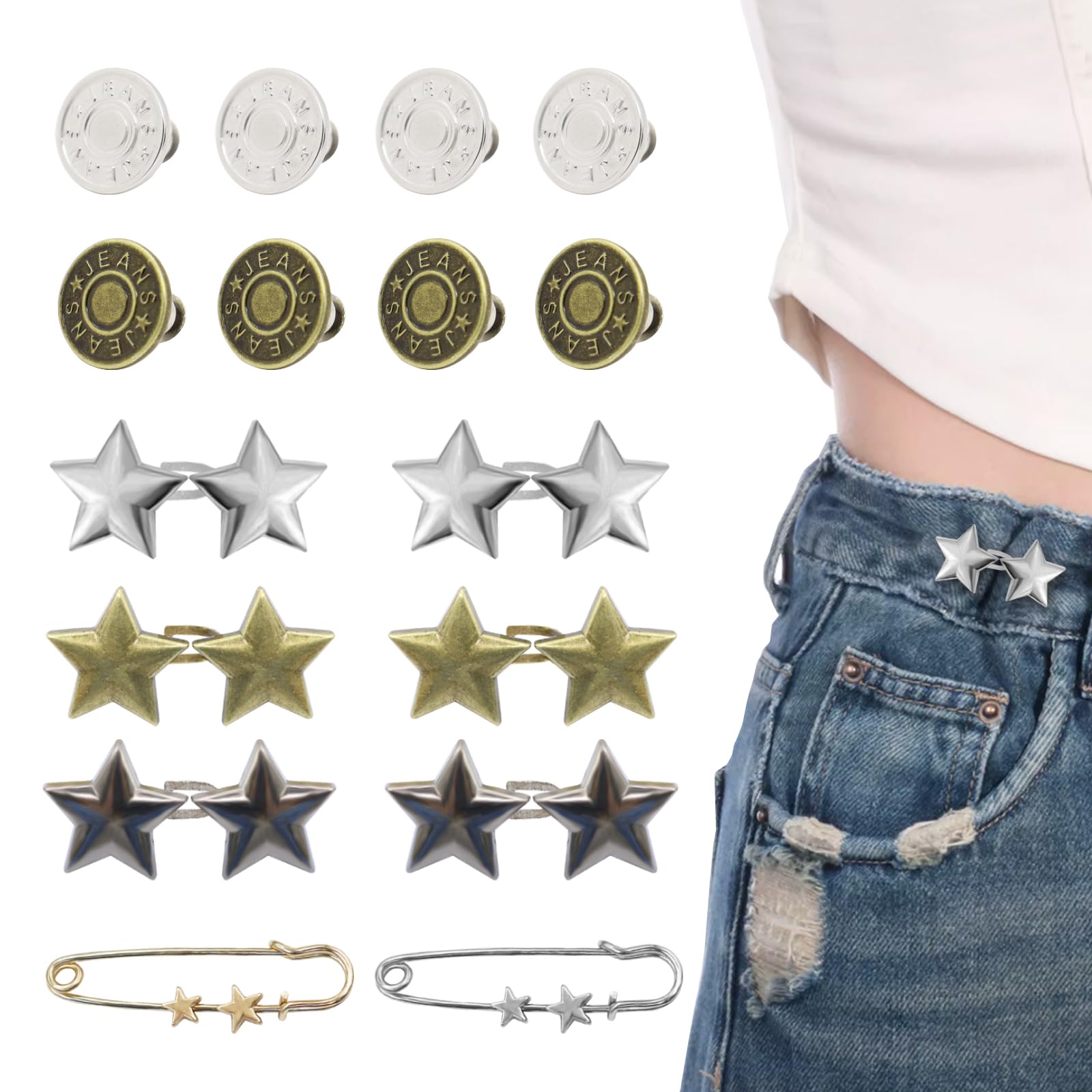 Photo 1 of ROPAKED 16 Sets Buttons Pins for Loose Jeans Pant Waist Tightener No Sew Jeans Button Replacement, Reusable Waist Cincher Clip Adjustable Pants Button Tightener Metal Star Brooch for Clothing