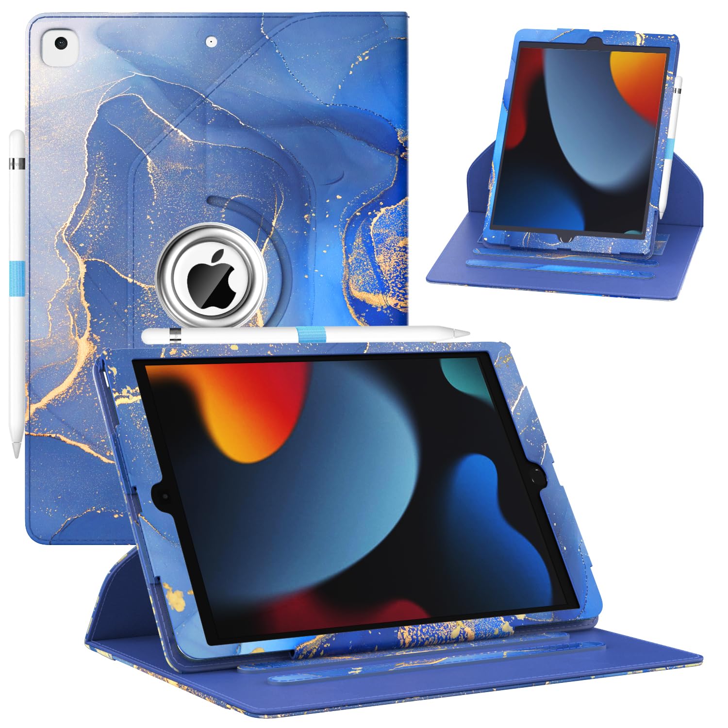 ZoneFoker Case for iPad 9th/8th/7th Generation, iPad 10.2 inch Case 2021/2020/2019, 360 Degree Rotating Stand, iPad 9 8 7 Gen 10.2 Leather Cover with Pocket Design & Pencil Holder, Marble Gray Blue — image 1