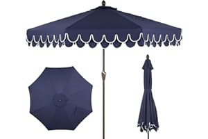 JONATHAN Y UMB1002B Tracy 9 ft. Classic MidCentury Scalloped Fringe Market Patio Umbrella with Auto-Tilt, Crank, Wind Vent and UV Protection in Navy/White