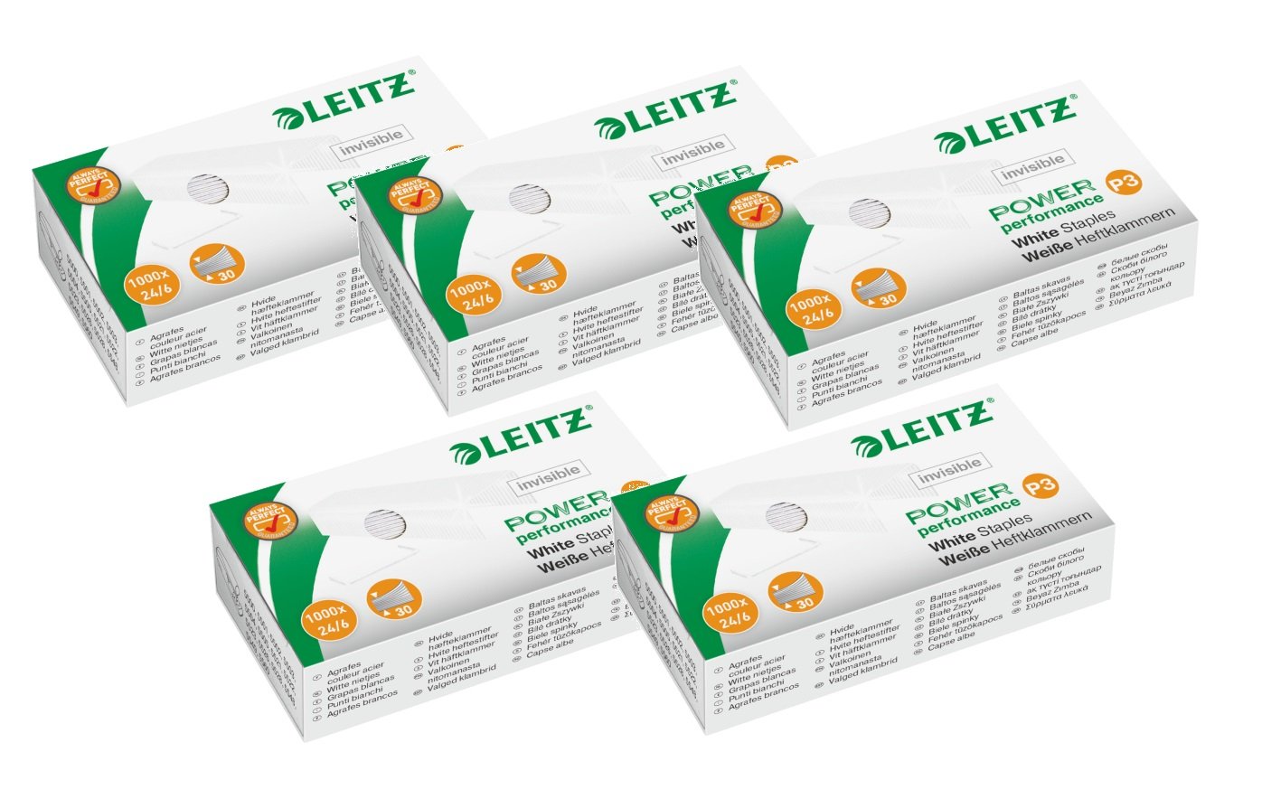 Leitz 55540000 Set of 5 x 1000 P3 Staples, 24/6 mm, Economic 5000 Pack (Box with 5 1000 pieces) White