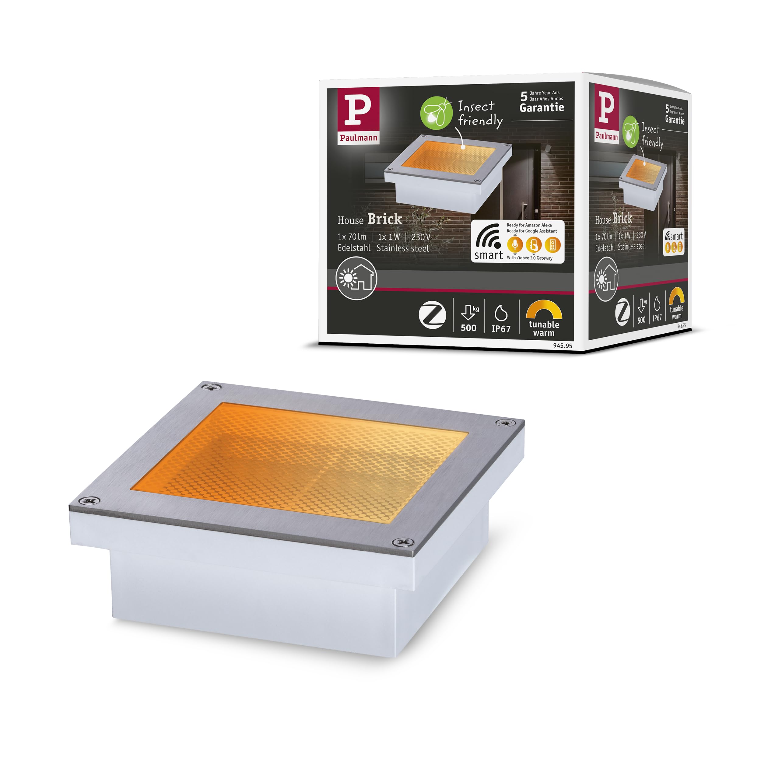 Paulmann 94595 LED outdoor luminaire Smart Home Zigbee recessed floor luminaire Brick insect-friendly IP67 Tunable Warm incl. 1x1W dimmable 2200-3000K