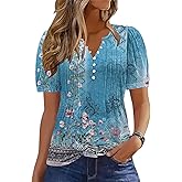 ETCYY Womens Shirts Dressy Casual Short Sleeve 2026 Summer Tops Spring V Neck Button Down Pleated Ladies Tunic Blouses