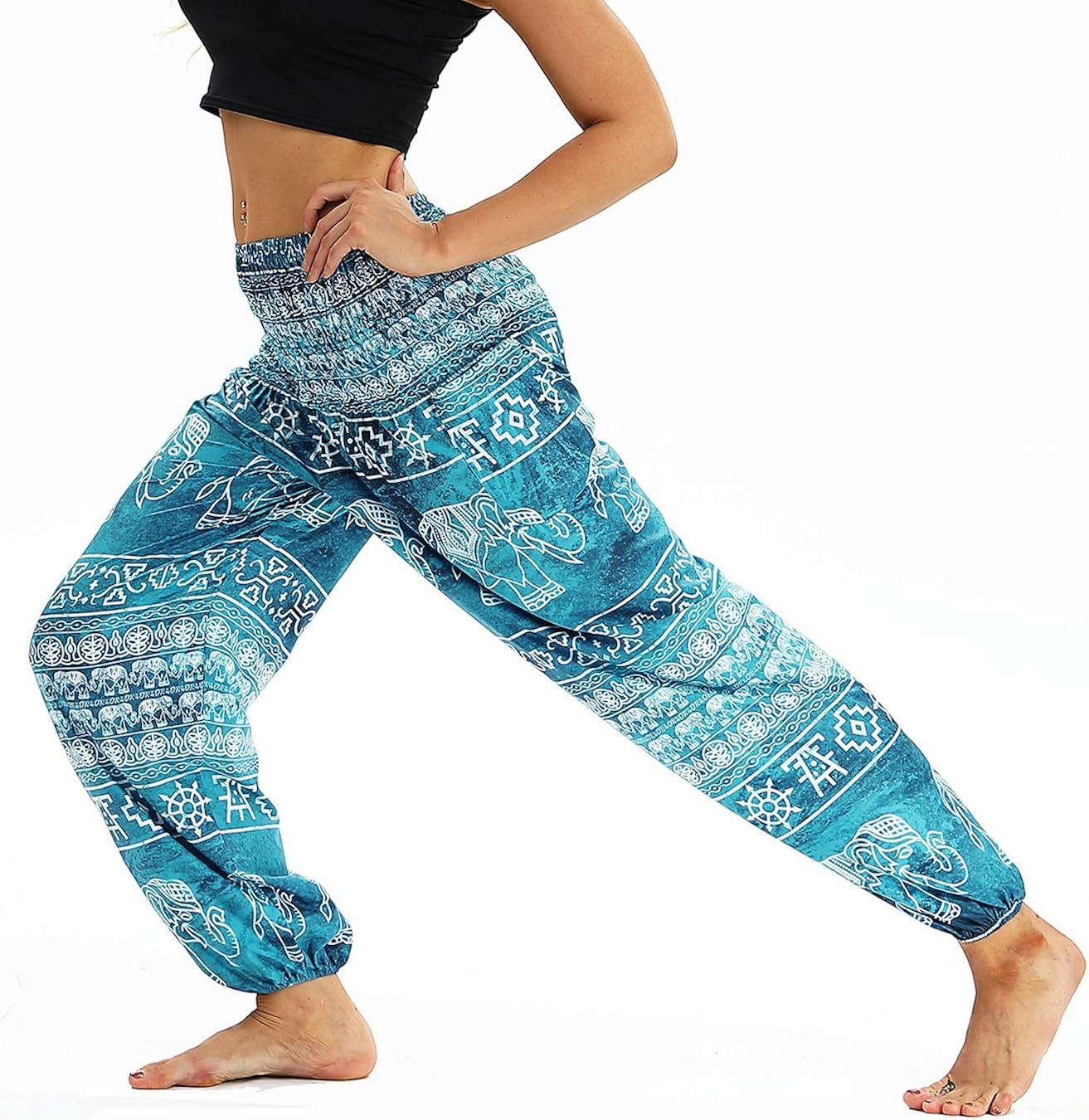 Nuofengkudu Women's Harem Hippie Pants Baggy Boho Patterned High Waist Smocked Waist Thin with Pockets Lounge Trousers for Yoga Summer Beach (One Size - Image 4