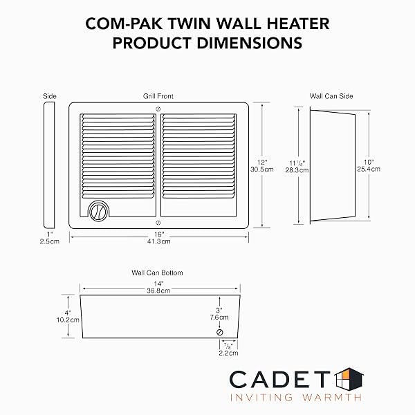 CADET COM-PAK TWIN ELECTRIC WALL HEATER COMPLETE UNIT WITH THERMOSTAT (MODEL: CSTC402TW, PART: 67527), 13648/10236 BTU, 240/208 VOLT, 4000/3000 WATT, WHITE