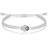 J.Endéar Hand of Fatima Bracelet for Women 925 Sterling Silver, Handmade Braided Lucky String Bracelet Grey Cord Adjustable, Hamsa Jewelry Protection Amulet Gift
