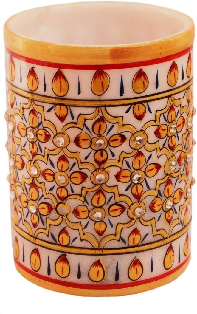 Purpledip Indian gift item : Marble Pen Holder/Stationery holder, Tooth brush holder with handpainted floral designs (10562)