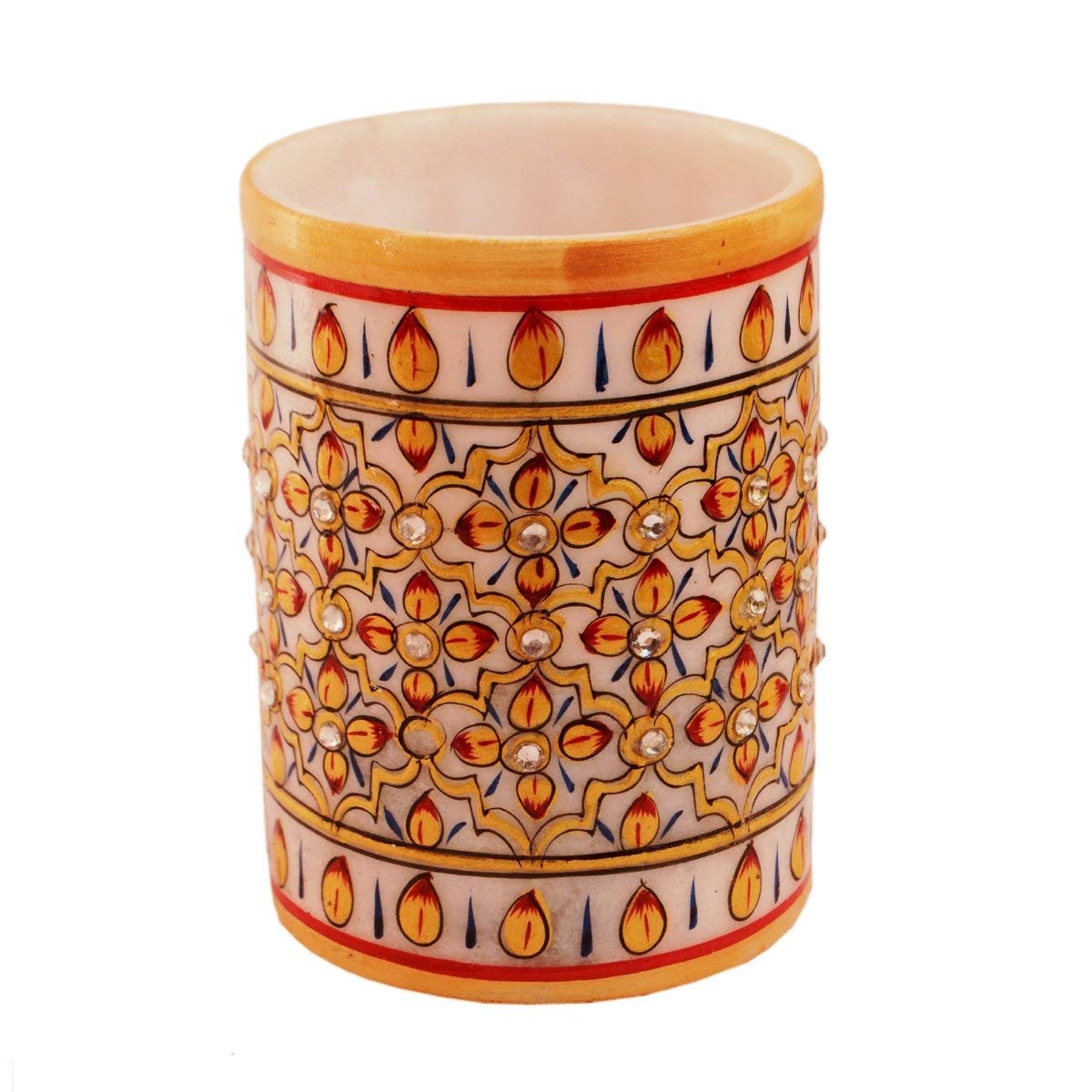Purpledip Indian gift item : Marble Pen Holder/Stationery holder, Tooth brush holder with handpainted floral designs (10562)