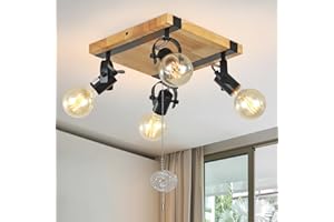 Farmhouse Flush Mount Ceiling Light with Pull Chain,4-Light Directional Ceiling Spotlight Rustic Track Light Kits, Wood Pull 