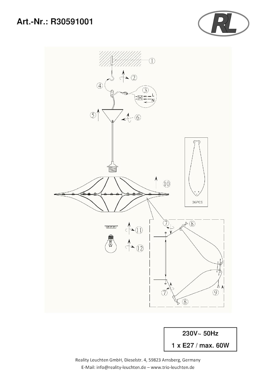 Reality Leuchten R30591001 Minka A++ to E, Pendelleuchte, Acryl, E27