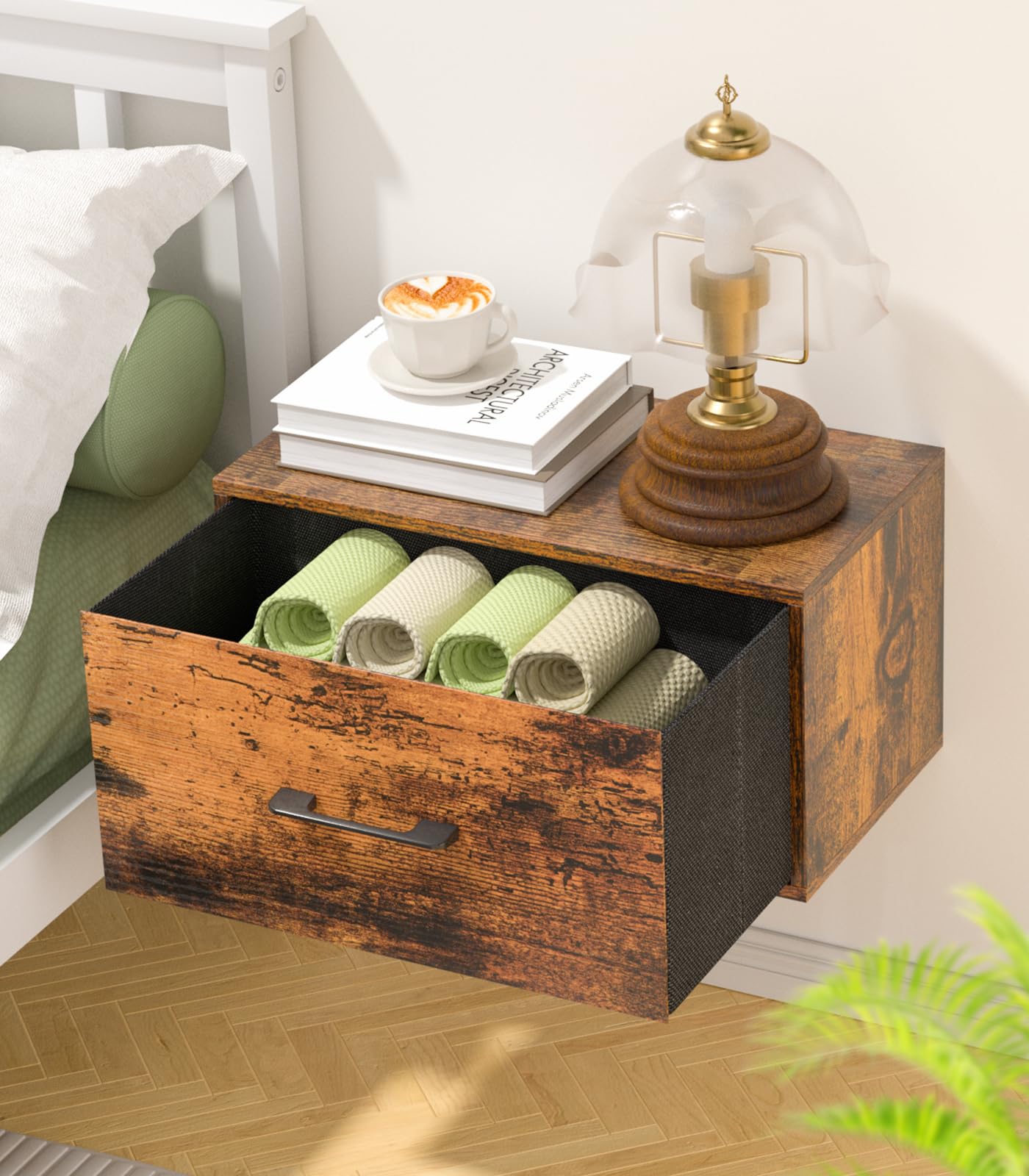 Photo 1 of Adowes Floating Nightstand Shelf with Drawer, Wall Mounted Nightstand, Floating Drawer for Wall, Small Nightstand with Drawer, Floating Bedside Shelf for Bedroom, Rustic Brown