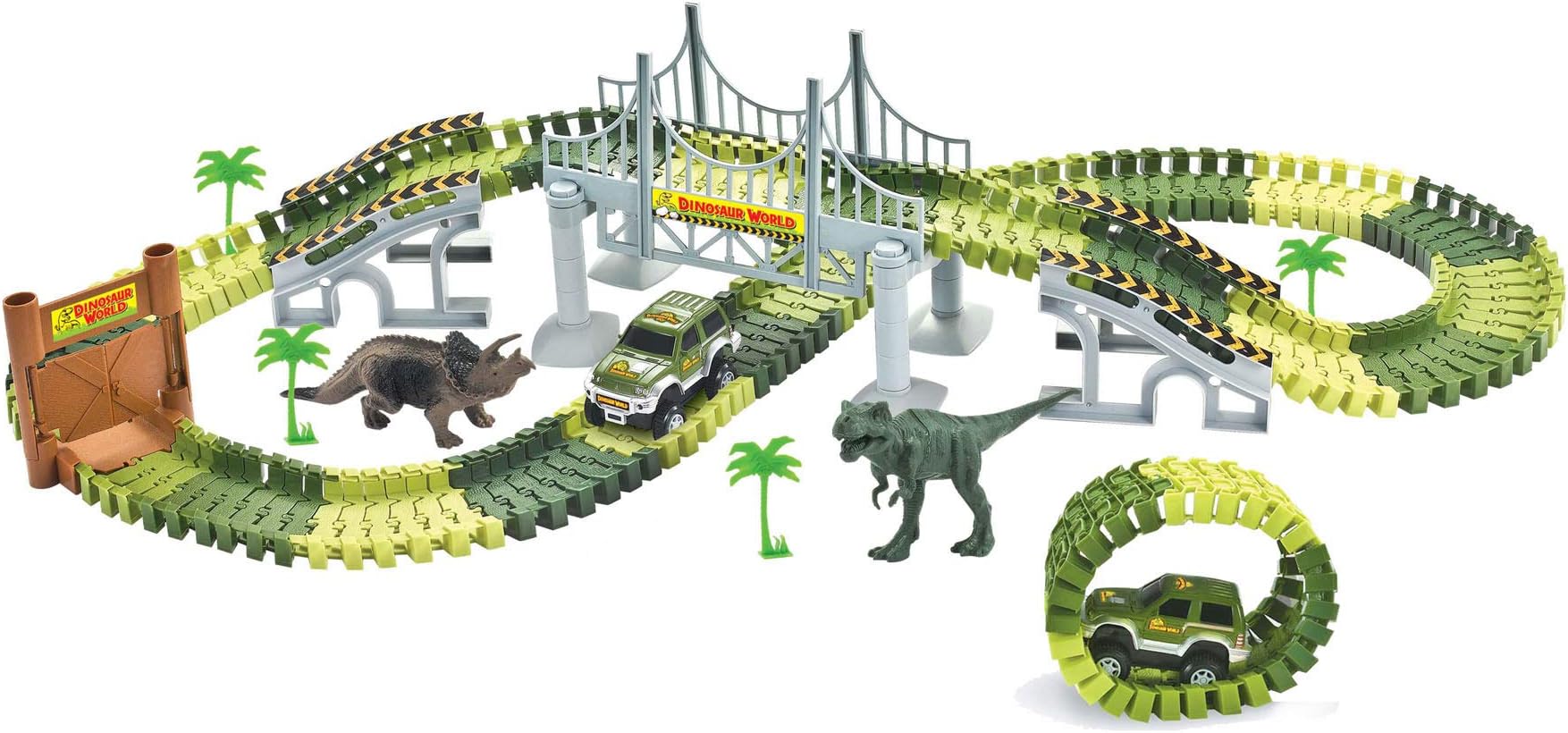 TekBox Dinosaur World Toy Car Magic Track Set with 2 Battery Powered Jeeps - Jurassic Era Adventure Park with Bendy Road, Bridge and Gates (Dinosaur World)