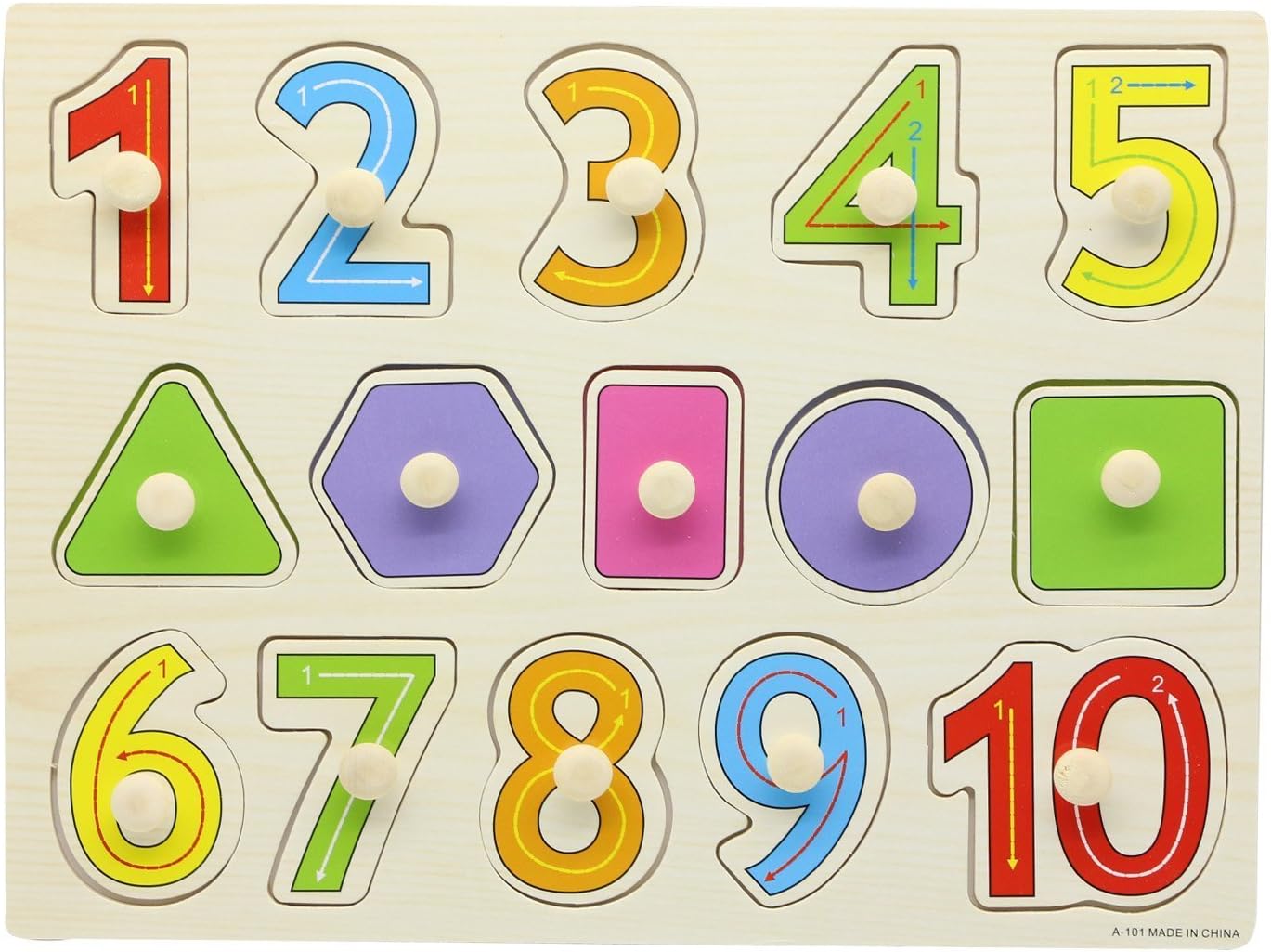 Afunti Home Learning Early Educational Colorful Wooden 1-10 Number Puzzle Board + 5 Pegged Shape ToysPuzzles, for Boys, Girls Toddlers and Kids for Age 2-7 Years Old