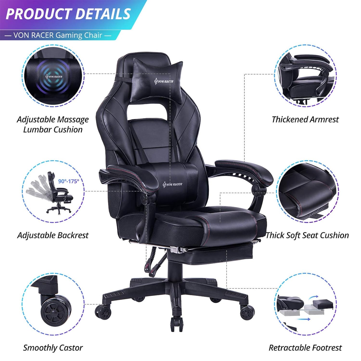 VON RACER Massage Reclining Gaming Chair Ergonomic HighBack Racing