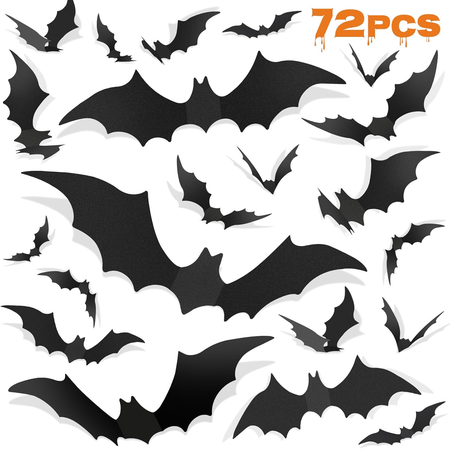 Window Treatments - Halloween 3D Bat Decorations, 72pcs 4 Sizes Realistic PVC Scary Black Bat Sticker for Home Decor, DIY Wall Decal Bathroom Indoor Hallowmas Party Supplies