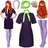 Jiuguva 6 Pcs Halloween Deluxe Adult Costume Set for Women Classic Movie Character Costume with Purple Mini Dress Orange Wig Green Scarf Purple Headband Thigh High Socks Wig Cap for Halloween Cosplay