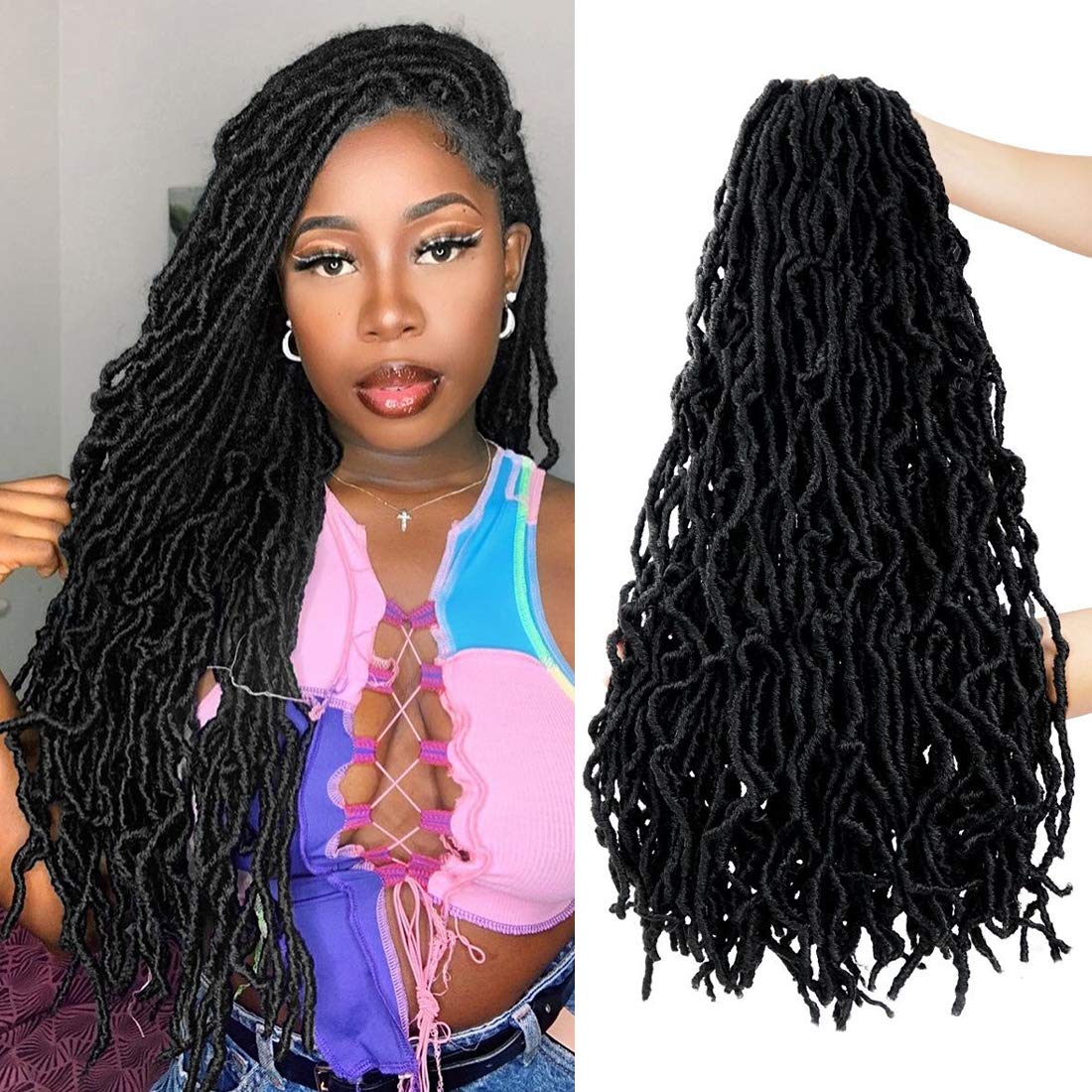 Beyond Beauty Nu Faux Locs Crochet Hair 24 Inches 6 Packs/Lot Soft Locs Pre-looped Goddess Locs Crochet Hair Soft Dreadlocks Synthetic Hair Extensions 18strands/Pack(#1B)