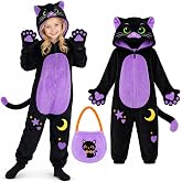 GIFTINBOX Halloween Cat Costume for Girls, Kids Black Cat Animal Onesie | Cat Halloween Costumes for Girls Kids with Kitty Candy Bag, Dress Up Jumpsuit Purple Cat Outfit for Cosplay Birthday Parties