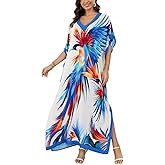 IMAGEKOPE Women's Plus Size Loose Fit Moroccan Print V-Neck Batwing Kaftan Beach Dress Bathing Suit Cover Up