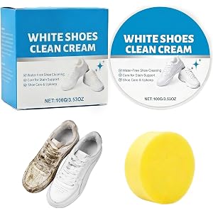 Exingxiu White shoe cleaner cream: Equipped with a sponge wipe it quickly removes stains without water leaving shoe surfaces