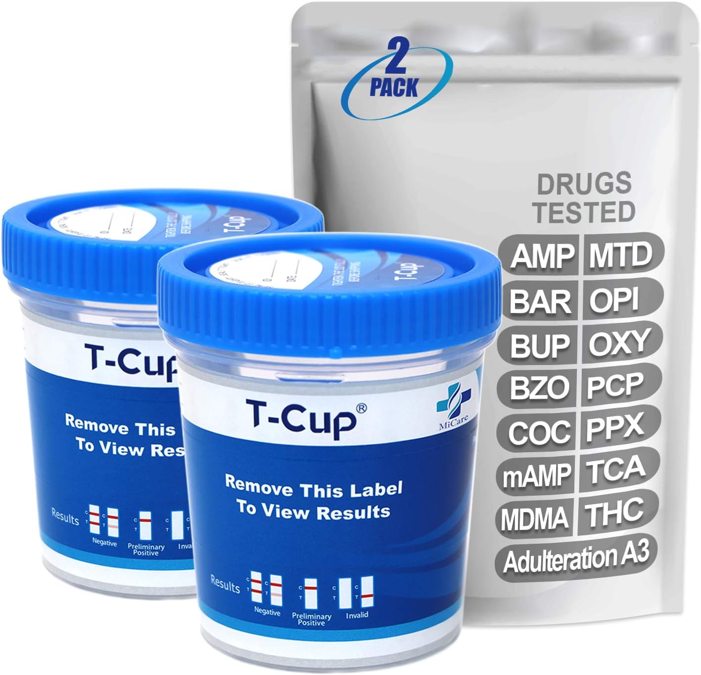 MiCare [2pk] - 14-Panel Multi Drug Test Cup (AMP/BAR/BUP/BZO/COC/mAMP/MDMA/MTD/OPI/OXY/PCP/PPX/TCA/THC with A3) #MI-TDOA-1144A3