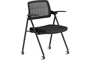 FYLICA Stackable & Foldable Office Chair, Folding Desk Chair with Flip-Up Armrest, Breathable Mesh, Thick Seat Cushion & Rocking Backrest, Conference Room Chair with Wheel (Black，1)