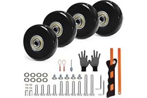 ASUNTOM Luggage Wheels Replacement Kit 4PC Dia 1.8in/45mm Thick 0.71in/18mm PU Wheels with ABEC-7 Carbon Steel Ball Bearing 3 Size Axles Full Set Repair Tool for Suitcase Travel Box Inline Skate Hand Trolley