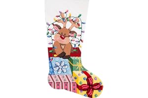 Alice Peterson Home Creations Holiday Edition Needlepoint Stocking Kit- Gift Wrapped Reindeer - Large, Deluxe Size