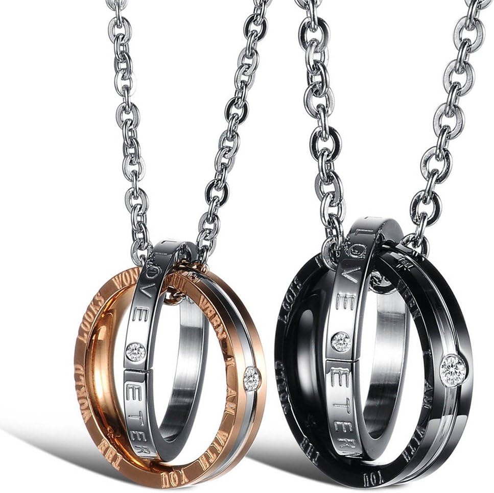 MODEBOX Couples Stainless Steel Love Necklace,Engraved Double Ring CZ Pendant Chain Necklaces