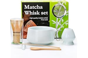 Accguan Matcha Whisk Set, 7pcs - Bamboo & Ceramic, Includes 19 oz Bowl, Whisk, Spoons, Holder, Sifter & More - Perfect for Matcha Lovers