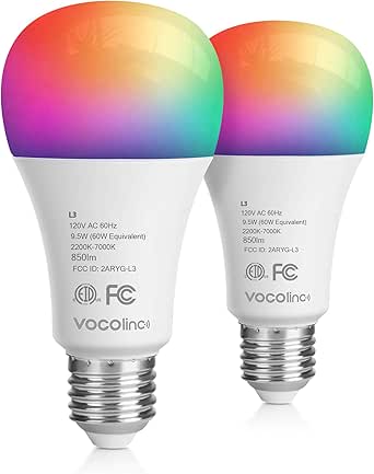 VOCOlinc Wi-Fi LED Light Bulb Works with Apple HomeKit Siri A21 9.5W(60W) Smart Multicolor RGB App-dimmable Compatible with Alexa Google Home No Hub Required 2.4GHz SmartGlow (2PACK)