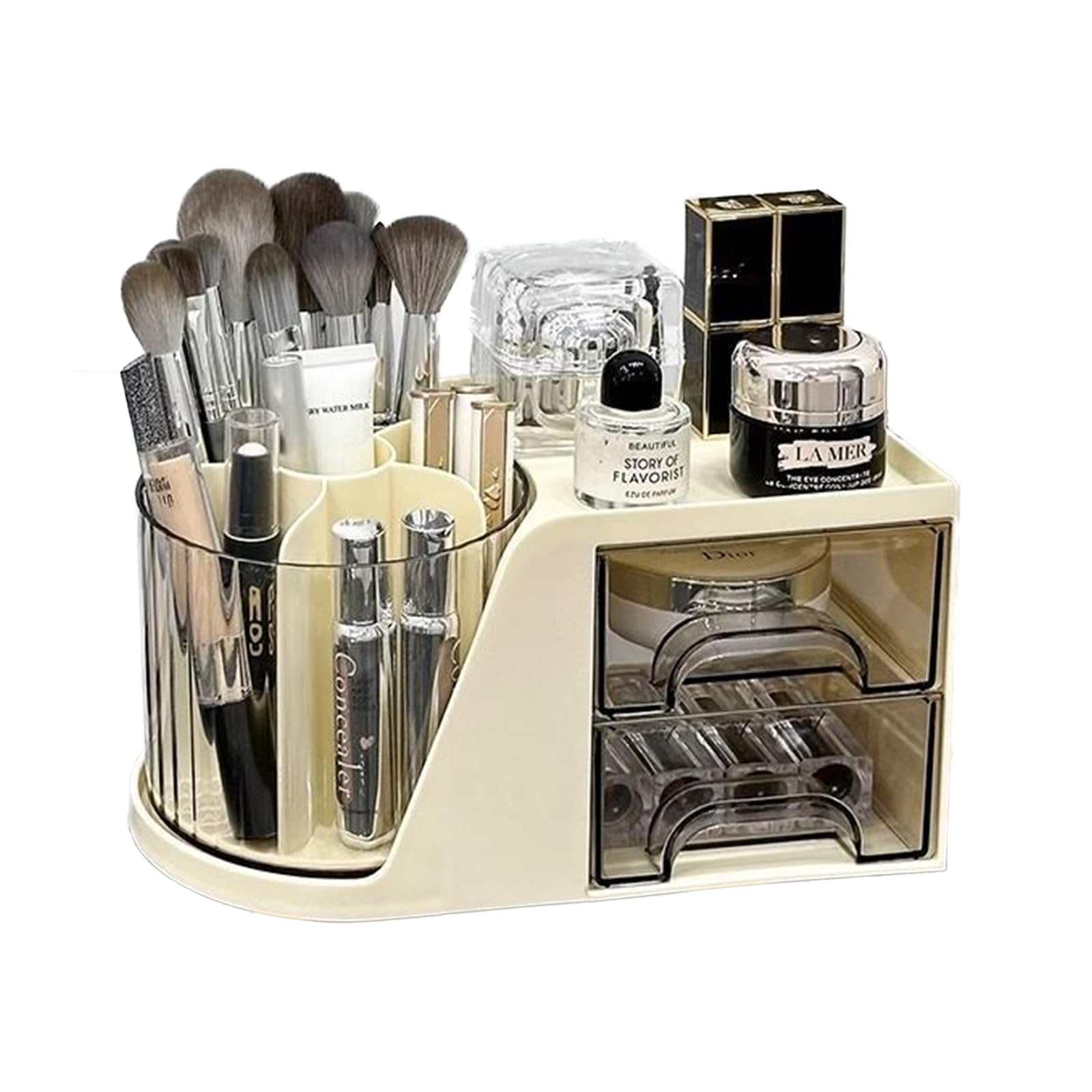 WITERY 360° Rotating Makeup Organiser, Large Capacity Pen Holder, Desk Tidy Organiser With Pen Holder and 2 Drawers for Vanity Office School