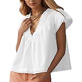 MISSACTIVER Women’s Smocked Short Sleeve Blouse Tops V Neck Ruched Pleated Babydoll Loose Fit Flowy Summer Tunic Shirts