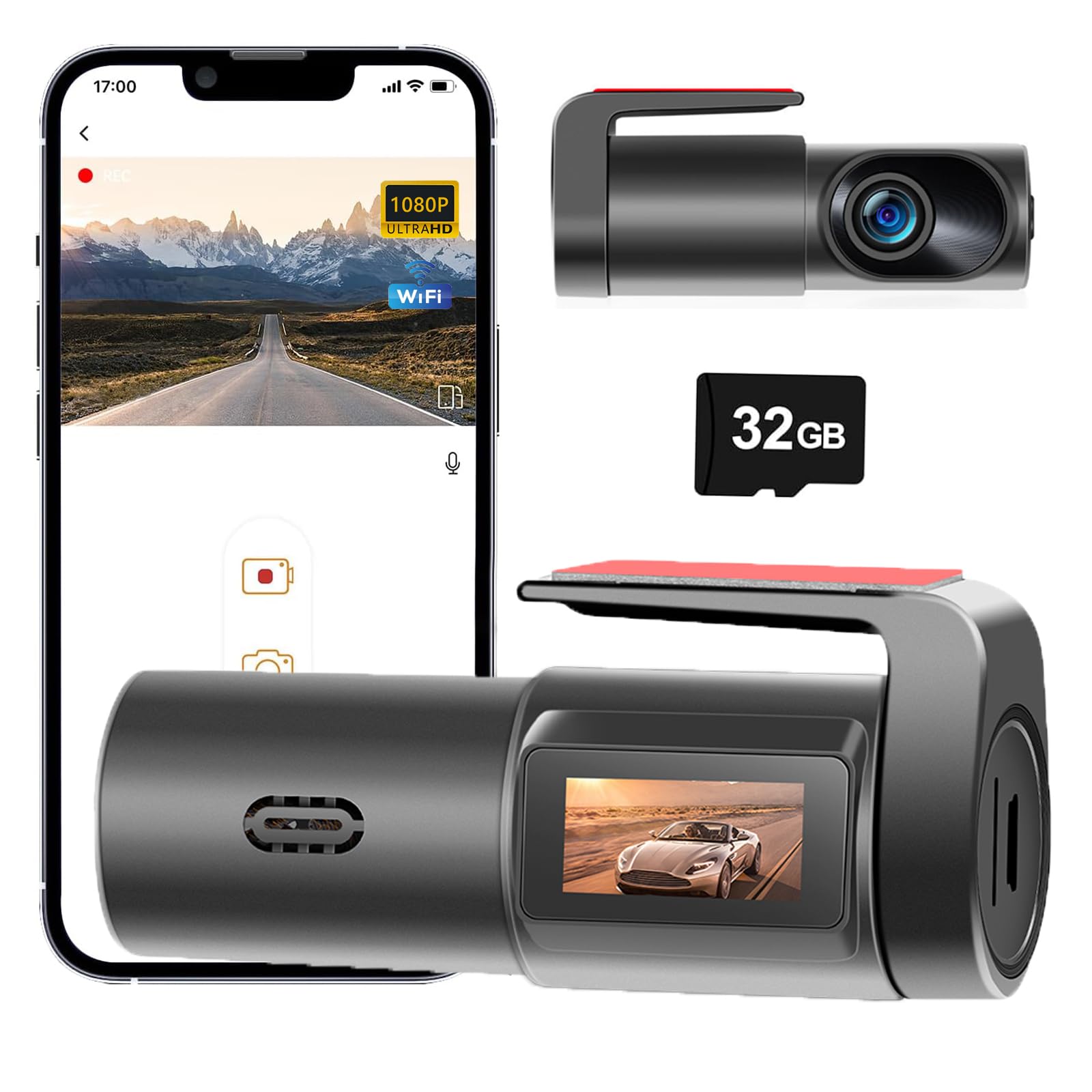 Hoquare Dash Cam Front, 32GB Card 1080P Mini WiFi DashCam for Cars, Smart Car Camera Dash with 1" Screen, Night Vision, Parking Monitor, 170° Wide Angle, G-Sensor, Loop Recording