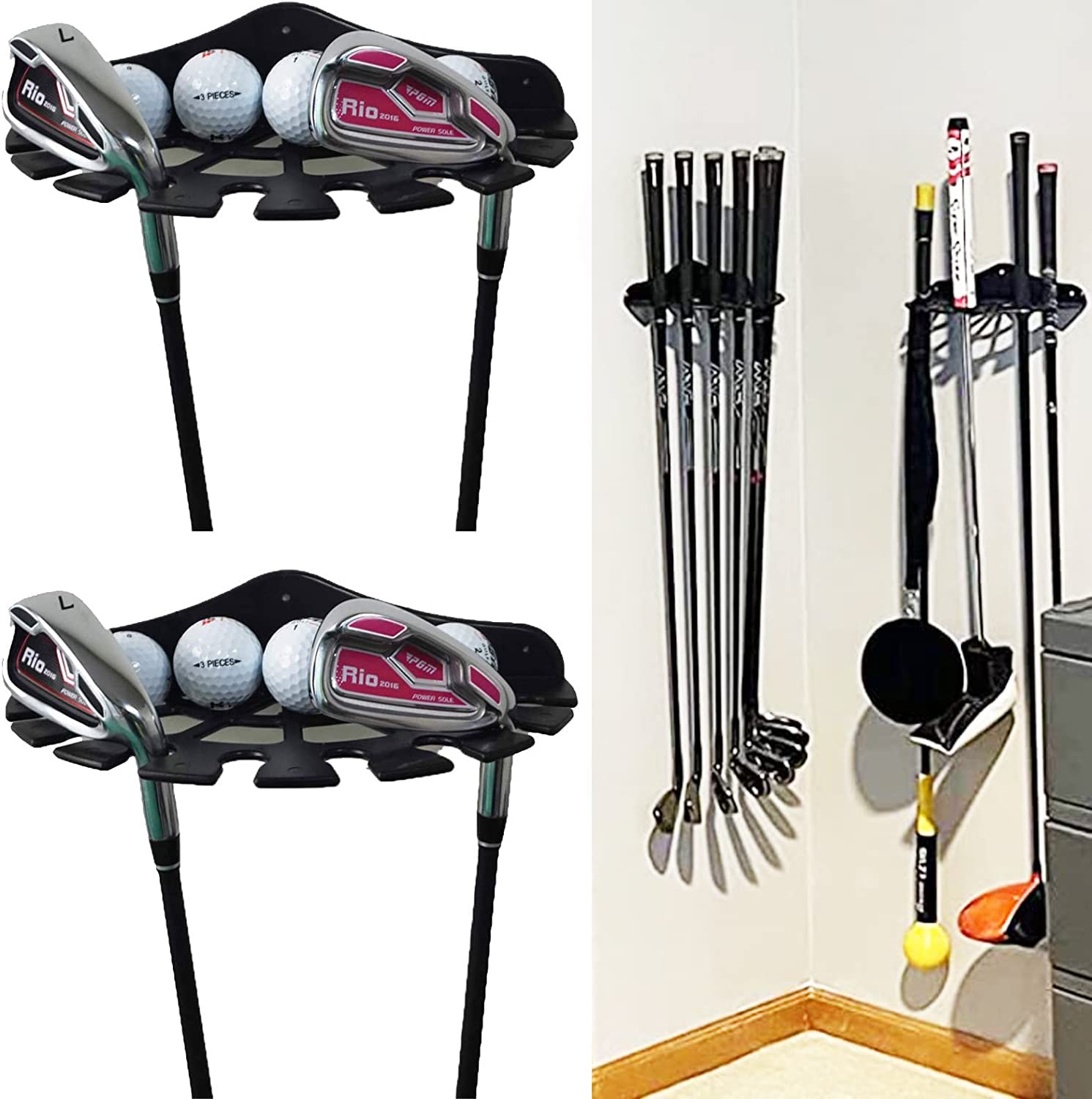 Pmsanzay 2 Pack Golf club holder and Golf Ball Organizers Case, Golf Club Display Shelf, Golf Clubs Wall Mounted Storage Rack Holder Bracket - Keeps everything clean and organized - No Golf club
