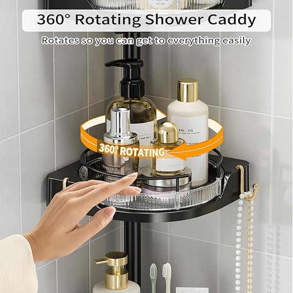 SHUANG QING 360° ROTATING CORNER SHOWER CADDY TENSION POLE ORGANIZER – 4-TIER ADJUSTABLE RUSTPROOF METAL POLE, PLASTIC SHELVES WITH SAFETY GUARDRAIL, BATHROOM STORAGE FOR SHOWER & BATHTUB(BLACK)